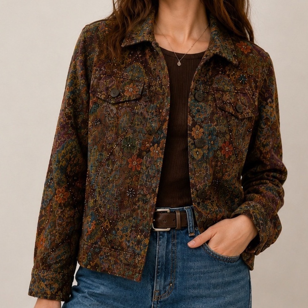 Vintage Y2K Coldwater Creek Tapestry Jacket PS Boho Beaded Floral Paisley Fall